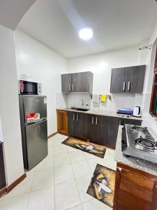 ディアニ・ビーチにあるDiani Villa studioのキッチン(木製キャビネット、ステンレス製の冷蔵庫付)