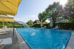 a swimming pool with a water fountain at Martinova izba - Rooms & Apartments in Laško