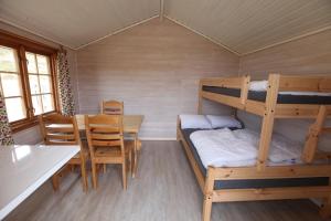 a bedroom with a bunk bed and a desk at BaseCamp NorthCape in Skarsvåg