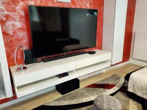 un salon avec une grande télévision à écran plat dans l'établissement Le Petit Versailles, à Franconville