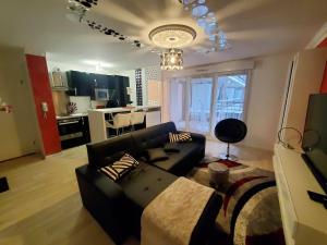 un salon avec un canapé et une cuisine dans l'établissement Le Petit Versailles, à Franconville