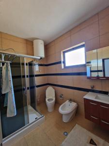 a bathroom with a shower and a toilet and a sink at The Koplik Guesthouse in Koplik +29 photos
