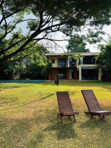 a bench sitting in the grass in front of a house at Gaia Lake Bungalow Kandalama in Dambulla +62 photos