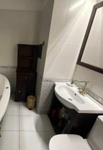 a bathroom with a sink and a toilet and a mirror at Domki w Bieszczadach Cisna in Cisna