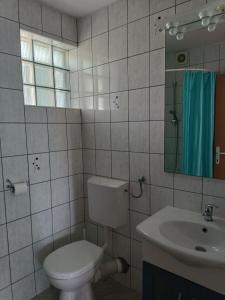 a bathroom with a toilet and a sink and a mirror at Apartments Blue House in Korčula