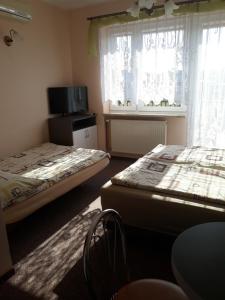 Habitación con 2 camas, TV y ventana. en Pokoje Gościnne AnKaDa, en Władysławowo 2 fotos más