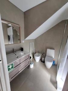 a bathroom with a sink toilet and a mirror at Moliceiro HOUSE in Aveiro +10 photos
