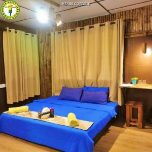 a blue bed in a room with a blue sheet at Borneo Happy Farm in Kuching +40 photos