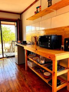 a kitchen with a counter with a microwave on it at Porcupine Cabin in Palatswe