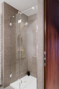 a shower with a glass door in a bathroom at Core Luxembourg -Studio Parking -50 Cents in Luxembourg +25 photos
