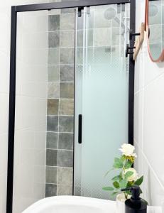 una porta doccia in vetro in un bagno di Studio Platanes 3 - Proche Disneyland - Parking gratuit - Meaux a Meaux Altre 17 foto