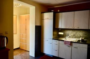 una cucina con un frigorifero bianco e un lavello di Ferienwohnung an der Örtze a Müden