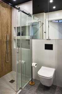 ジェシュフにあるApartament Niebieski Horyzont Kopisto 11 Centrum Miasta Rzeszówのバスルーム(ガラス張りのシャワー、トイレ付) +19枚の写真