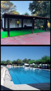 two pictures of a swimming pool and a house at Bungalows Rurales Incluida Piscina 2 Columnas in Córdoba