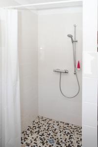 ein Bad mit Dusche und Duschvorhang in der Unterkunft Haus Ferientraum in Feldberg
