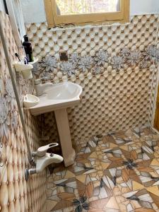 a bathroom with a sink and a mosaic floor at Alpine Resort Khaplu in Khaplu