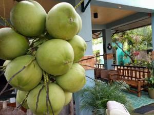 a bunch of green fruit hanging from a building at golden anchor lodge in Coron