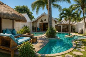 a villa with a swimming pool and palm trees at The White Key Luxury Villas in Gili Trawangan