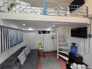 a loft bed with a tv and a couch in a room at Colonial apartment for up to 4 person in Santo Domingo