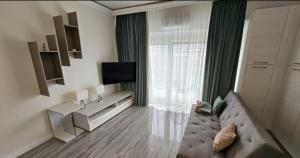 a living room with a couch and a television at White Tower Apart Hotel in Mamaia