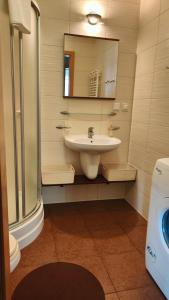 un bagno con lavandino e specchio di CHILLIapartamenty - FREDRY a Kołobrzeg Altre 2 foto