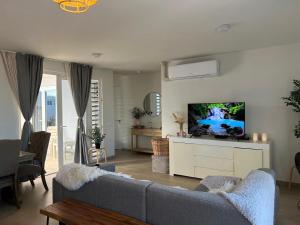 Una sala de estar con un sofá y un televisor. en Casa Wechi, en Willemstad