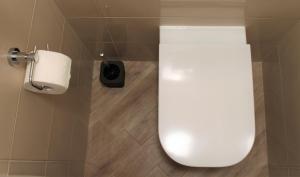 a toilet in a bathroom with a roll of toilet paper at Apartmani Marin in Vrbnik