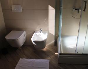 a bathroom with a toilet and a shower stall at Apartmani Marin in Vrbnik