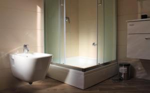 a bathroom with a shower and a toilet and a sink at Apartmani Marin in Vrbnik +24 photos
