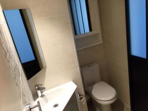 a bathroom with a toilet and a sink and a mirror at La Grande Motte by la Paillère in La Grande Motte