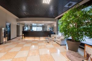 eine Lobby mit einem Topfbaum und einem Wartebereich in der Unterkunft Hotel Palace Verona in Verona