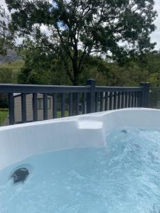 a hot tub with blue water in a backyard at V29 - Rivers Retreat in Bethesda