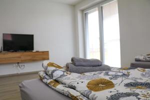 a living room with a couch and a flat screen tv at Apartmán Wellness-Detva in Detva