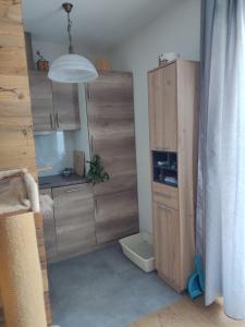 una pequeña cocina con armarios de madera en una habitación en Prime Studio, en Leutasch