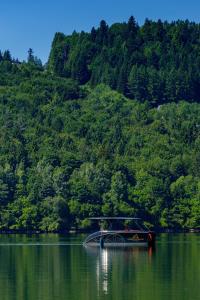 a boat in the middle of a body of water at Czorsztyn Prestige Apartamenty in Czorsztyn