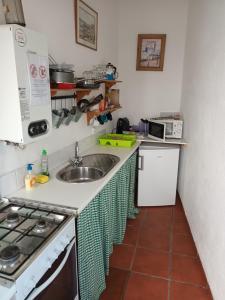 Una pequeña cocina con fregadero y estufa. en Bungalow Asseiceira, en Santo António das Areias