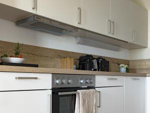 a kitchen with white cabinets and a stove top oven at ,, Fuchs " in Vorau