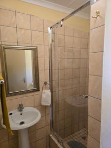 a bathroom with a sink and a shower at JayLa SELFCATERING ACCOMMODATION in Windhoek