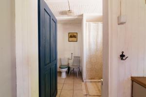 Un baño con inodoro y puerta azul. en Domek pod bukami, en Szymbark 33 fotos más