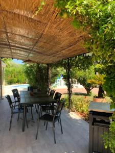 a patio with a table and chairs under a wooden umbrella at Villa ANOLPA in Vence +9 photos