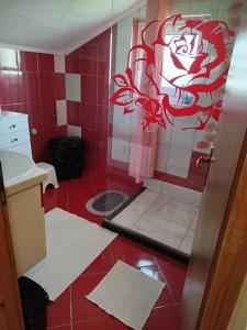 a bathroom with a shower with a red and white tiles at Apartmani LIDER Visoko in Visoko