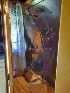 a shower in a room with a curtain at Roulotte LA Bohémienne in Grosbreuil