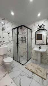 a bathroom with a shower and a toilet and a sink at Zaytoon Residence in Ulcinj