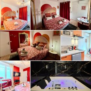a collage of four pictures of a hotel room at Prestige Jacuzzi & Clim, parking - Roanne centre-ville in Roanne