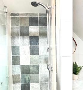 a bathroom with a shower with gray tiles at Appartement Platanes 6 - Proche Disney - Parking Gratuit - Meaux in Meaux +21 photos