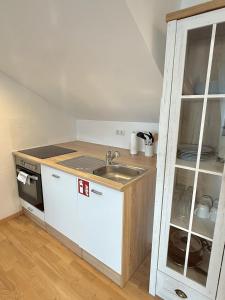 a small kitchen with a sink and a cabinet at Modern Flat Karlsruhe - Waschmaschine, Fußbodenheizung, Regendusche in Karlsruhe +6 photos