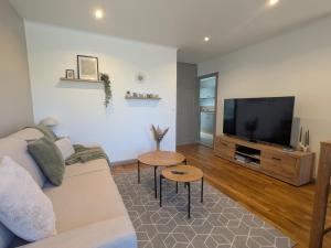a living room with a couch and a flat screen tv at Plaisance in Saint-Satur