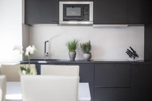 a kitchen with black cabinets and a microwave and plants at Ca Bussun in Domodossola