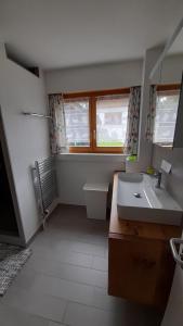 a bathroom with a sink and a toilet and window at Gollrad 2 in Arosa +19 photos