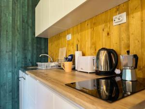 a kitchen with wooden walls and a counter top at Varadeo Hill Resort in Şuncuiuş